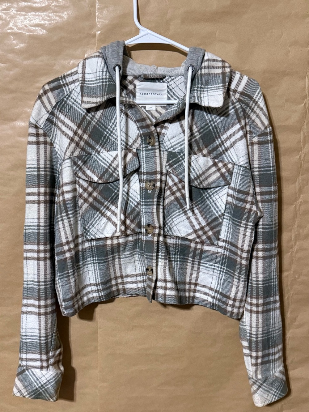 Aeropostale Women’s XS Plaid Hooded Shacket Cropped Button Front